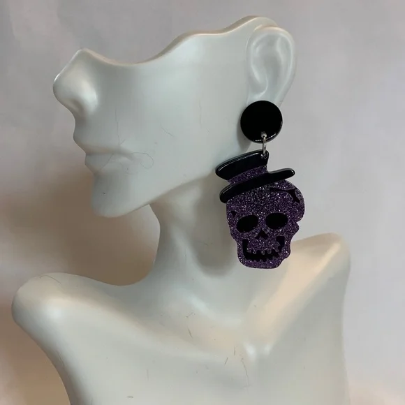 NWT! Fun Dark PurpleAcrylic Glitter Skull with Hat Post Earrings!