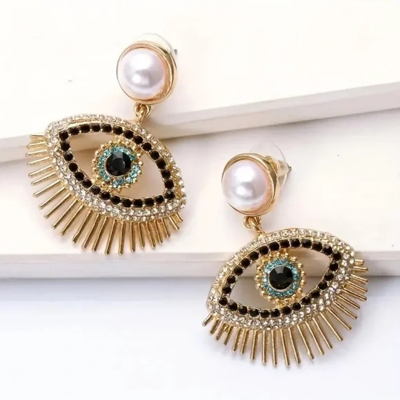 Boho-Chic Evil Eye Drop Earrings. Rhinestone Pearl Holiday Gift lucky Jewelry 🧿