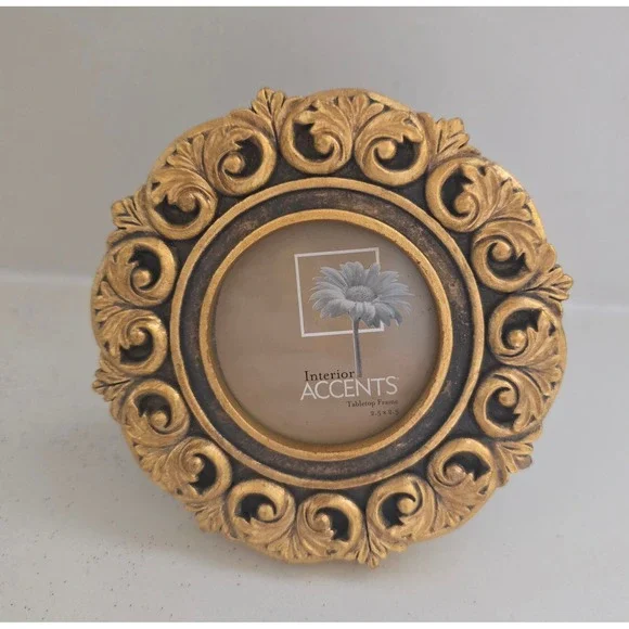 Interior Accents Gold Ornate Round Mini Frame 3x3 Tabletop Baroque Style Photo