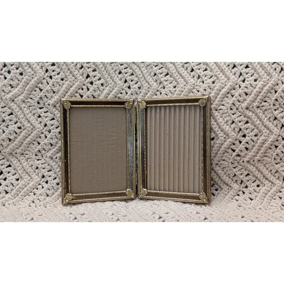Vintage Gold Tone and Wood Grain Double Hinged 4x6 Photo Frame Folding Picture
