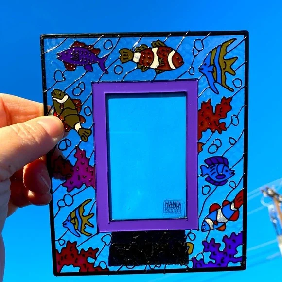 Stained glass picture frame colorful fish hand painted. #13