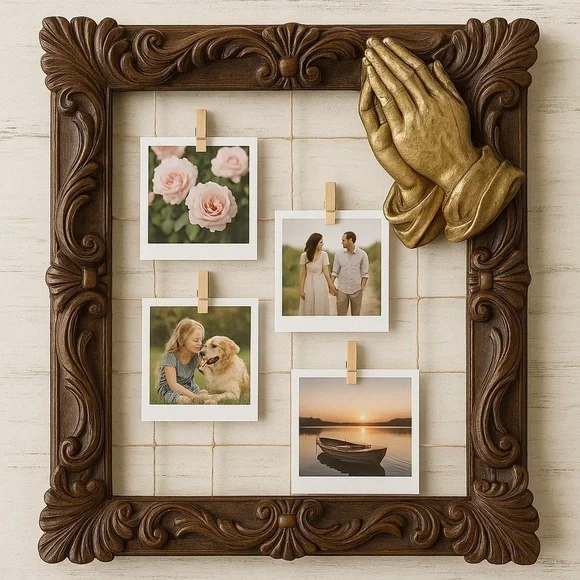 Vtg Praying Hands Picture Frame 3D Ornate Faux Wood Wall Art 8”x10” Shabby Chic
