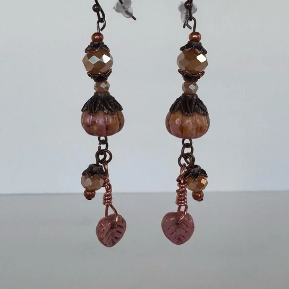 Hand Crafted Pretty in Pink Pumpkin Earrings Dangle Czech Glass Leaf NWT