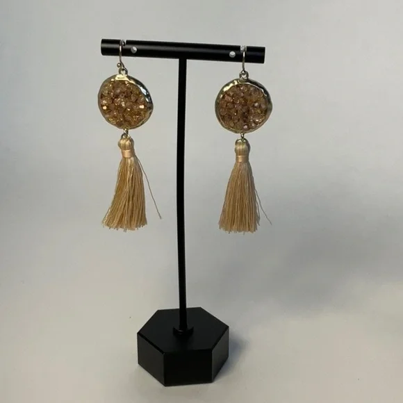 Earrings Gold Tone Disk with Tan Tassel