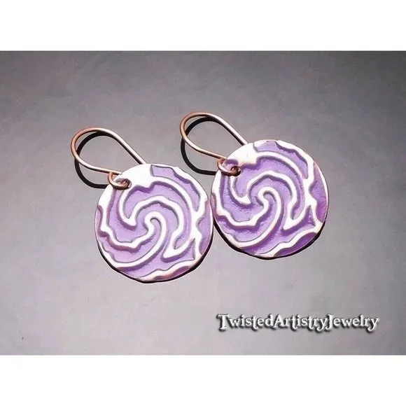 Purple Enameled Copper Swirl Disk Artisan Earrings One-Of-A-Kind Handmade