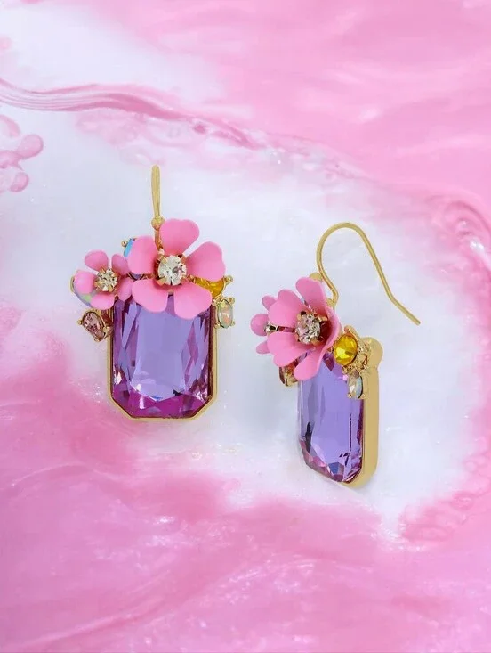 NEW Betsey Johnson Purple Pink Flower Cluster Iridescent Stone Drop Earrings NWT