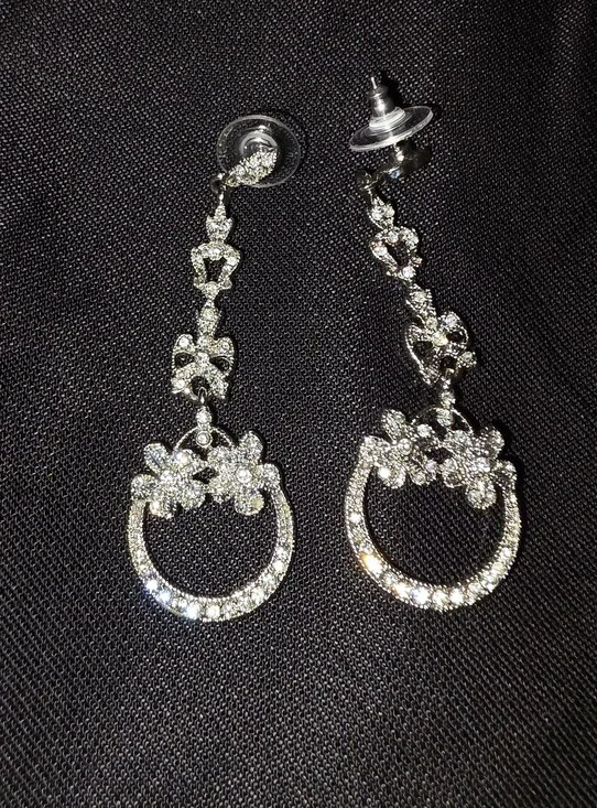 Silver Crystal Floral Drop Earrings - Silver