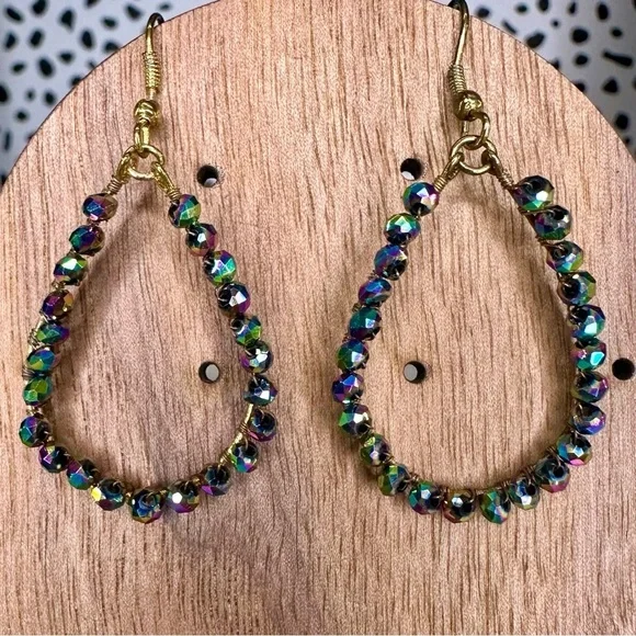 AB Crystal Beaded Wire Wrapped Handmade Teardrop Shape Dangle Earrings