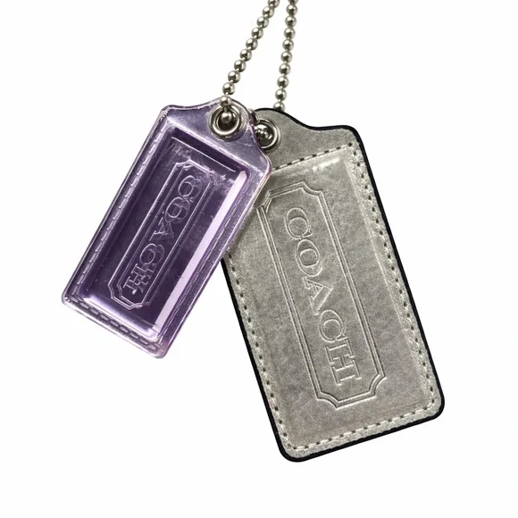 Coach 3.5” Silver Metallic Creed+2.5”Translucent Purple Mirror Acrylic hangtag