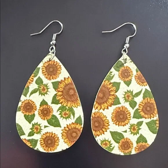 Faux leather Sunflower Teardrop Earrings