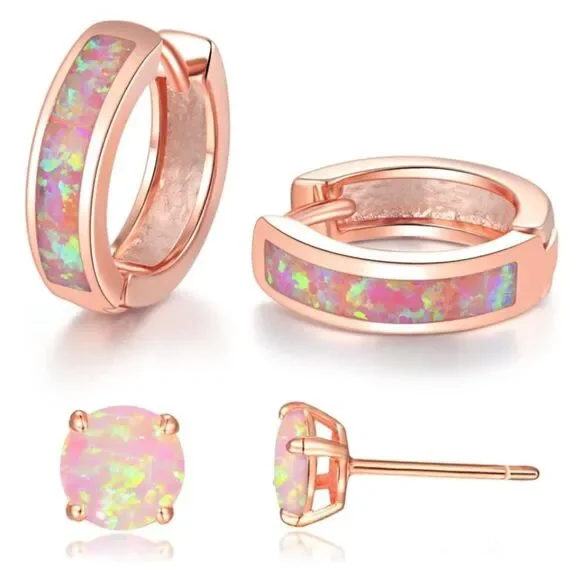 14K Rose Gold with Genuine Pink Fire Opal Huggie and Stud Earrings Set of 2