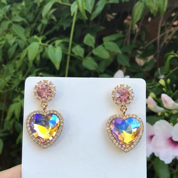 Pink + Purple Crystal Heart Halo Drop Earrings