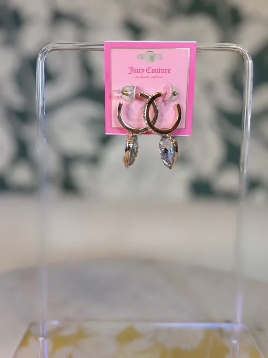 Juicy Couture Gold Hoop Earrings with Clear Teardrop Crystal Drops NWT