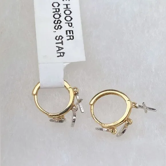 Carla Nancy B. 14k Gold Huggie Hoop earrings with star and cross charm