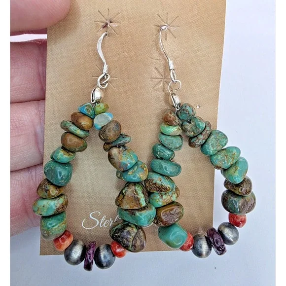 Turquoise‎ Nugget Dangle Earrings Red Coral Navajo Pearls 2