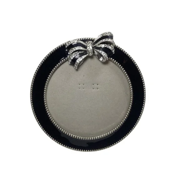 Round Black Enamel Picture Frame with Rhinestone Bow Accent Silver Beaded Trim
