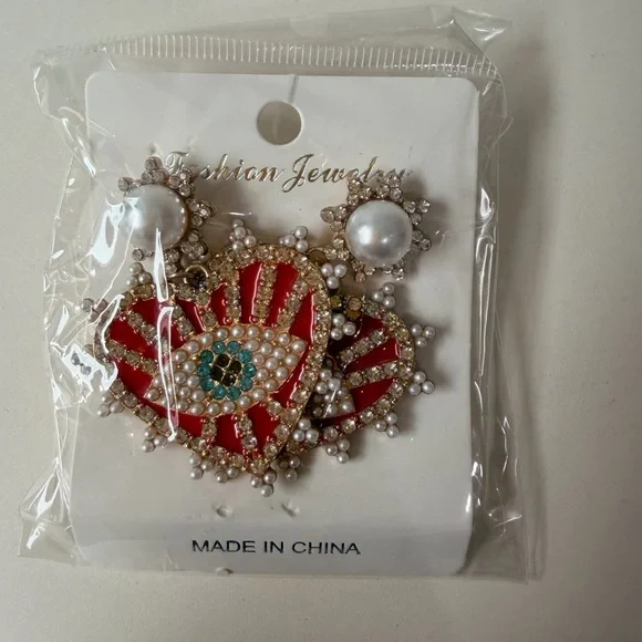 Red Gold Eye Heart Earrings Pearl Beaded Statement Romantic Maximalist