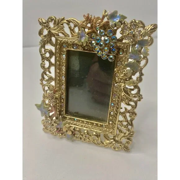 Kirks Folly Signed Picture‎ Frame Rhinestone Grapes Cherub Bird Easel Back