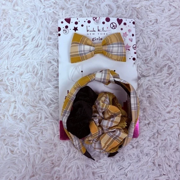 NWT Nicole Miller Girls Yellow Plaid preppy clueless Hair Accessory Set
