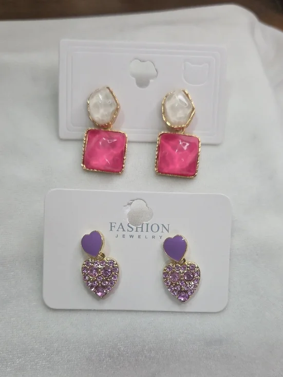 Lot of 2 Pairs Pierced Earrings Dangle Pink White Purple Hearts Rhinestones NEW