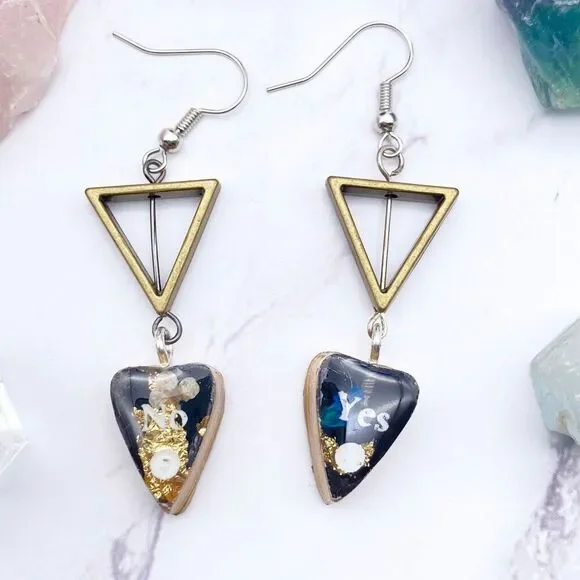 Black and Gold Wild Flower Ouija Planchette Wire Hook Earrings