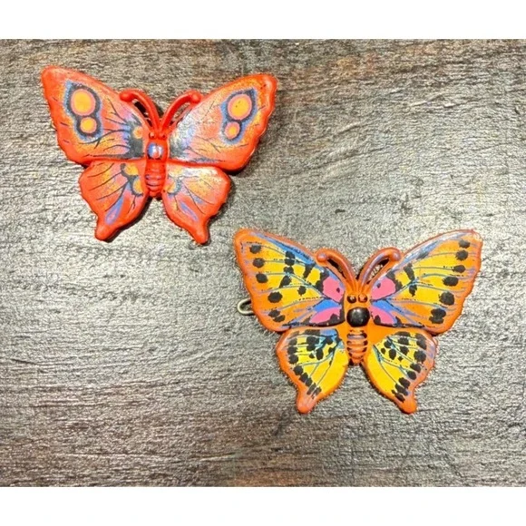 Vintage Butterfly Hair Clips Set‎ of 2 Orange Red Kids Plastic Barrettes