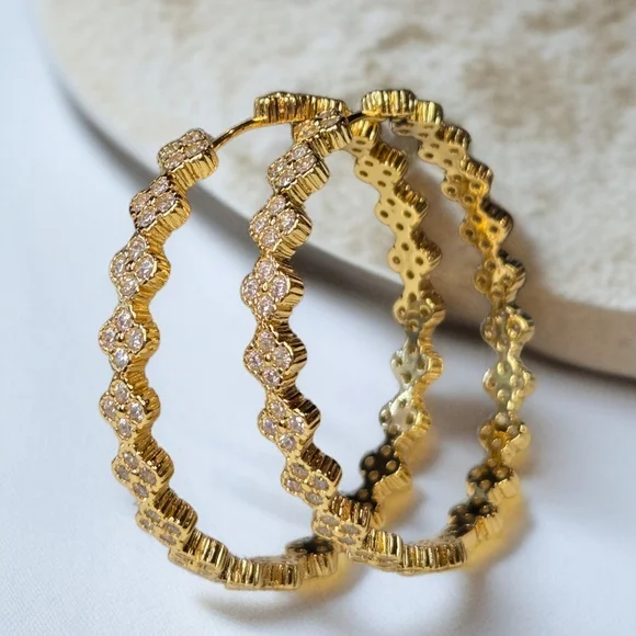 18k Gold Plated Clover Zircon Crystal Hoop Earrings