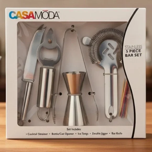 CASA MODA Stainless 5pc Bar Set Jigger Strainer Knife Opener Tongs NIB
