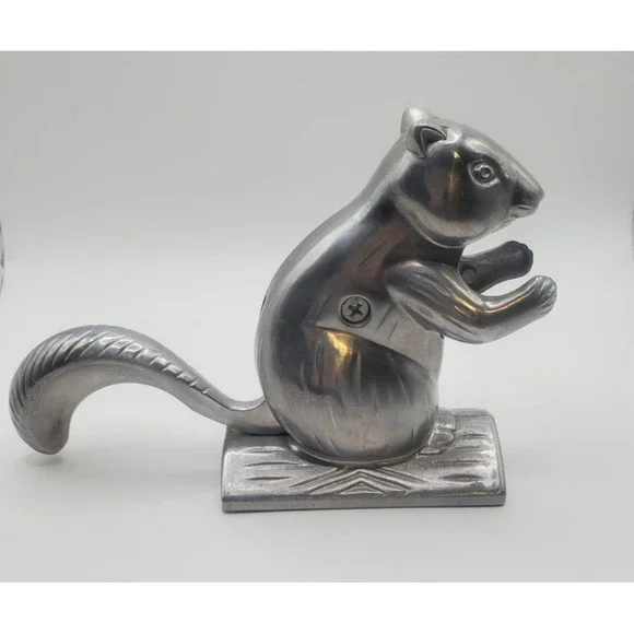 Vintage Squirrel On Log Nutcracker Aluminum Metal Silver Tone