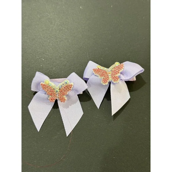 Lavender Hair Bow Pair Rhinestone Butterfly Grosgrain Ribbon‎ Barrettes