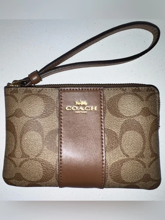 Coach Tan & Brown Signature Canvas Wristlet