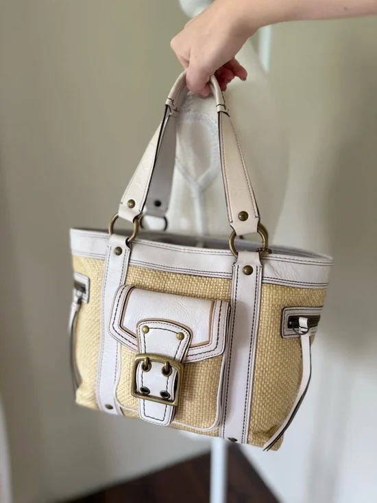 Vintage Coach Legacy Straw & Leather Tote White Brass Accents Y2K Coach 113