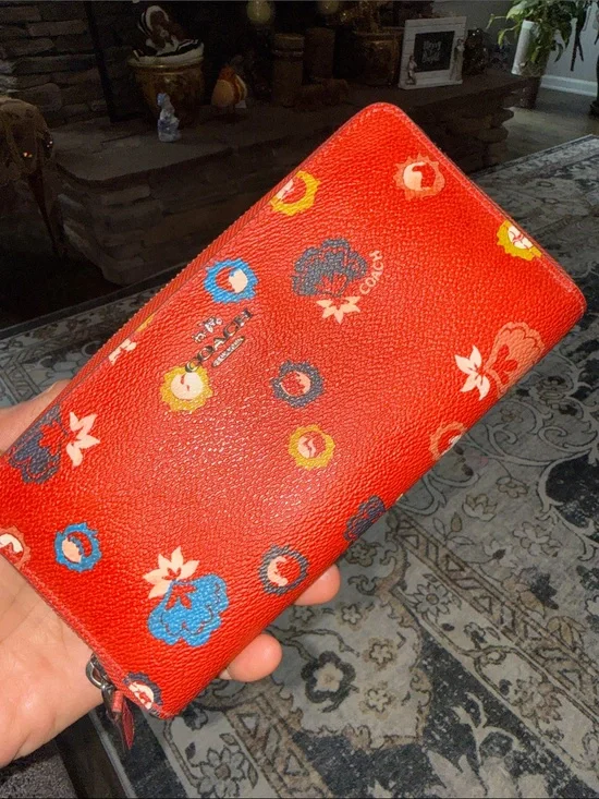 Coach Red Floral Zip-Around Wallet