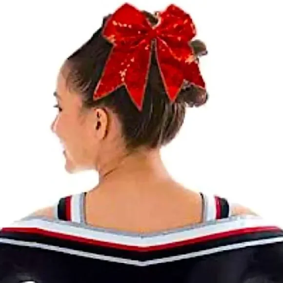 🌴 Red Glitter Cheer Bow Hair Tie | 8” Oversized | Dance, Spirit Wear, Holidays