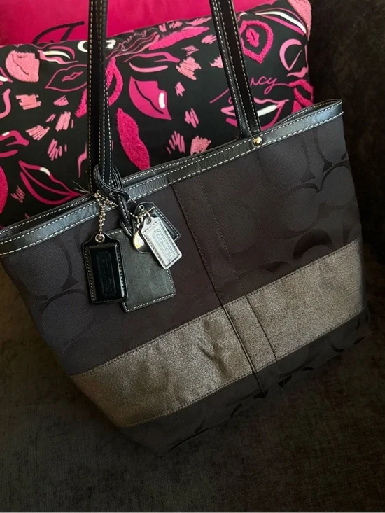 Coach Black Tote with Metallic Silver Stripe