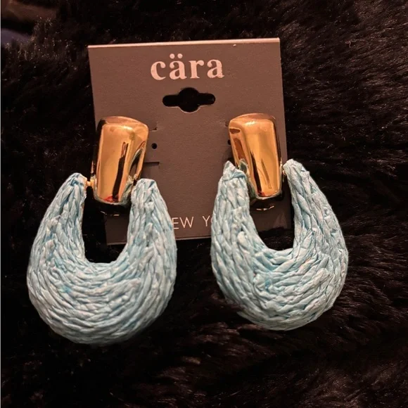 Cara NY Blue Raffia Woven Teardrop Earrings Gold Tone