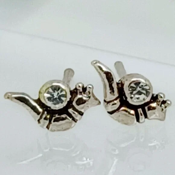 Vintage 1990s Thai Sterling Silver 925 Snail Stud Earrings Crystal Tiny Nature