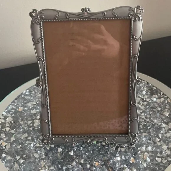 Burnes of Boston picture frame standing silver diamond rhinestone scroll pewter