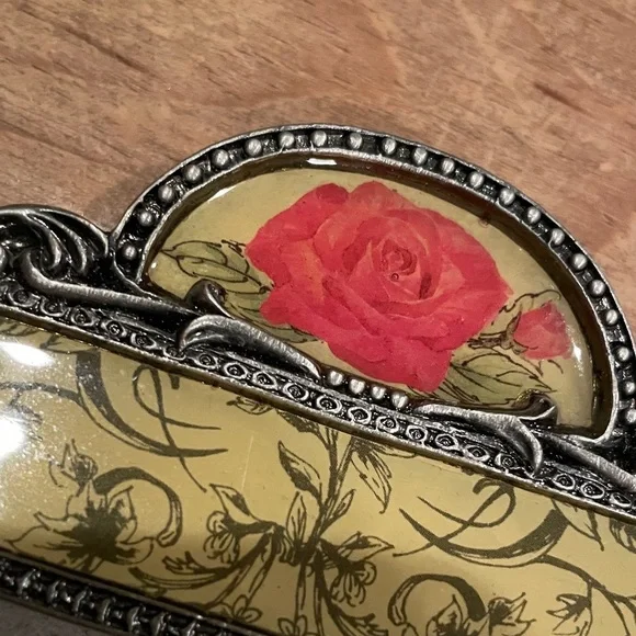 VTG Silver Metal Jeweled Frame Rose Yellow Floral Victorian Shabby Chic 4x6