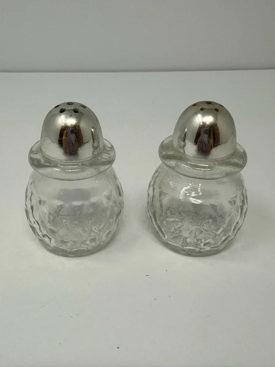 Vintage 1950s Glass Salt and Pepper Shakers Round Quilted Diamond Pattern A3