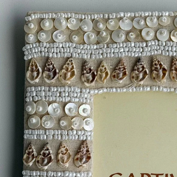 Vintage Captiva Photo Frame 4x6 Cream‎ Boho Chic Whimsy Shell Beaded Linen Beach