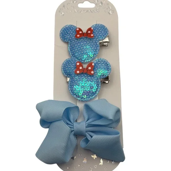 Chloe Accessory Kids Girls Blue‎ Sequin Minnie Mouse Hair Clips Set Large Bow