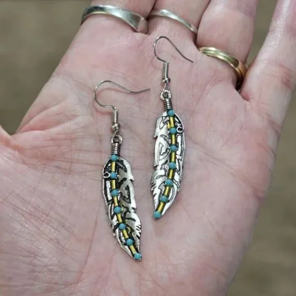 Silver Tone Feather Dangle Earrings