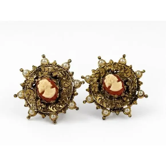 Cameo Faux Pearl Screw Back Earrings Gold Tone Filigree Victorian Revival