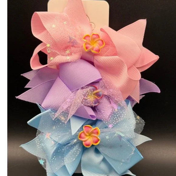 3 Pack Girls Tropical Flower Hair Bows Pink Purple Blue‎ Alligator Clips