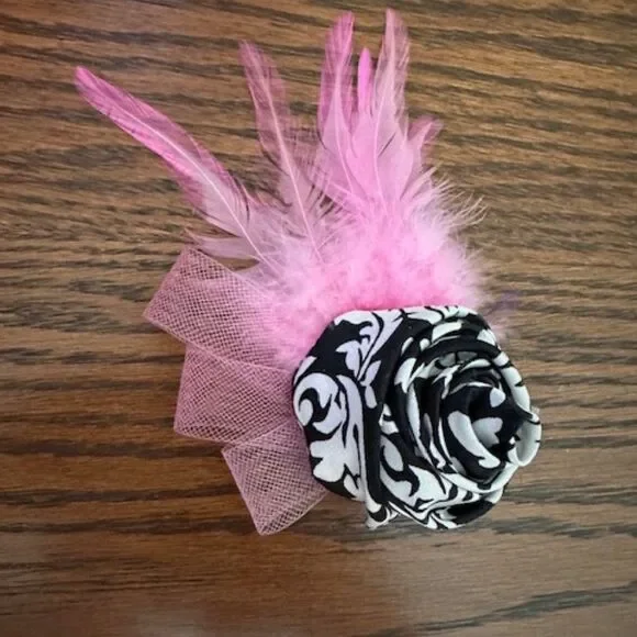 Light Pink Feather with Damask Print Rolled Rose Hair Clip (2)  5B4561  Handmade