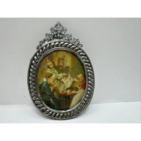 Antique style miniature bronze - gold oval picture frame ornate details W/ Photo
