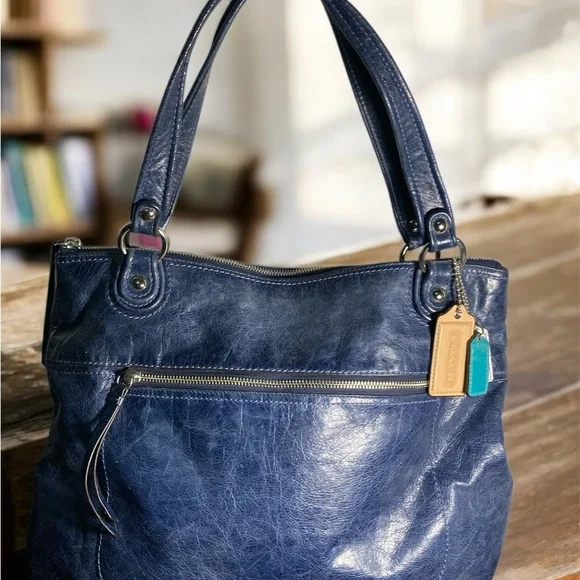 Coach Poppy Glam Glazed Navy Blue Leather Tote Bag