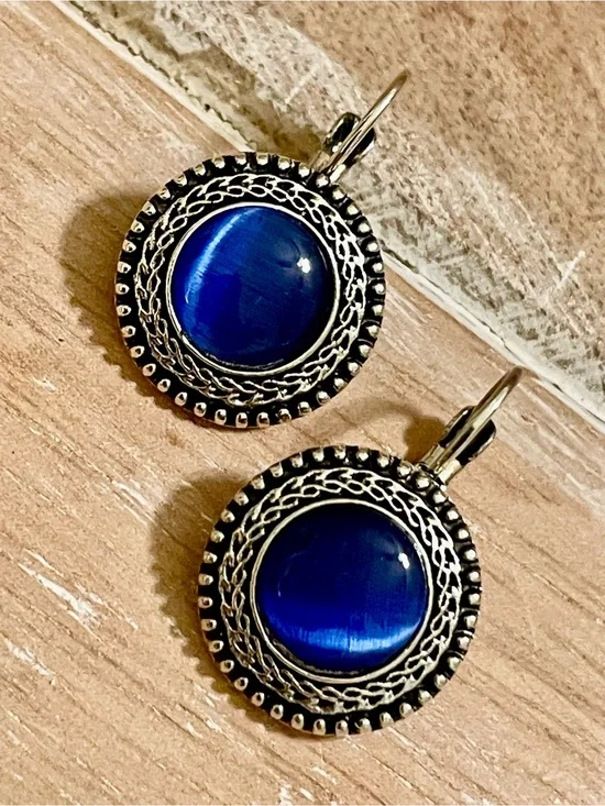Small Handcrafted Deep Blue Cabochon Vintage Style Detail Drop Earrings