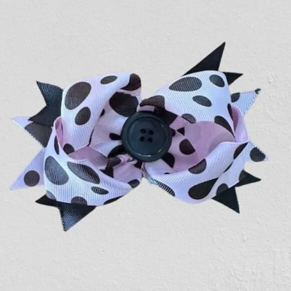 Pink & Black Polka Dot Deluxe Bow with Button Center  5B4503  Handmade Boutique
